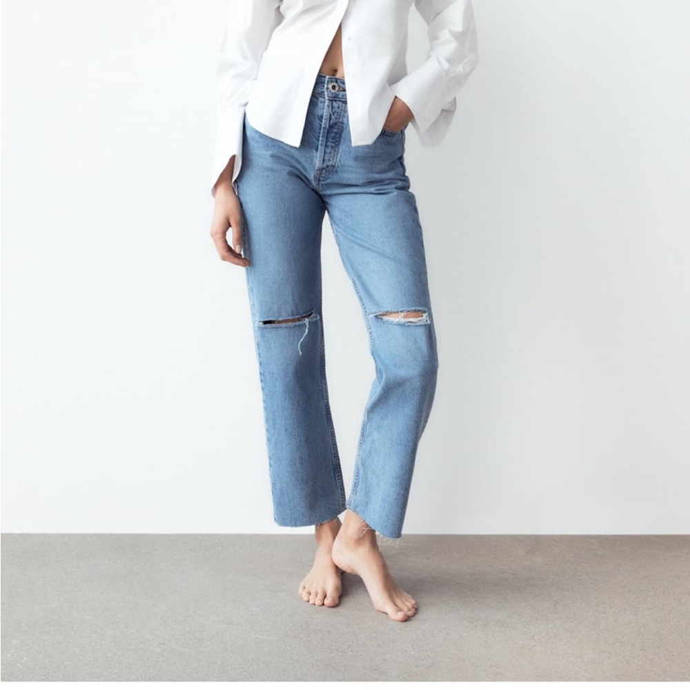 Zara ripped straight cropped jeans